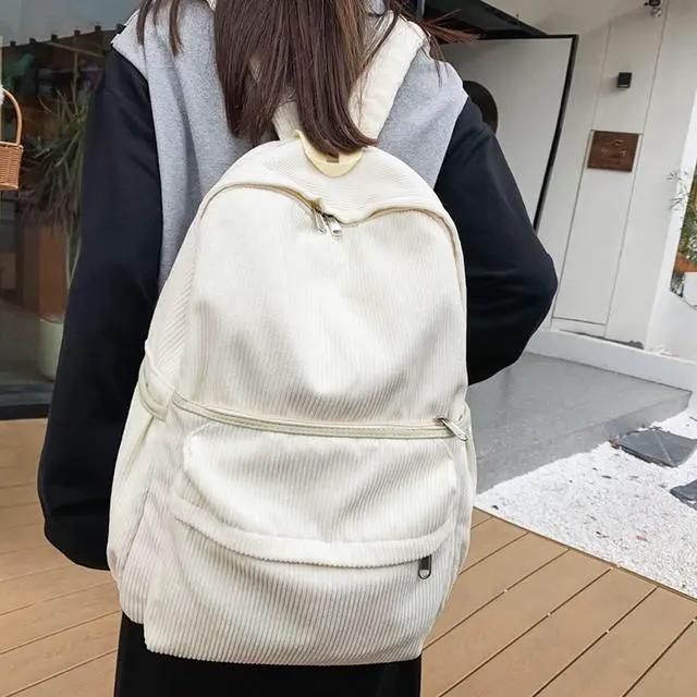Alt view image 2 of 5 - Lobagve Corduroy Backpack Large College Backpack Casual Bookbag Laptop Backpack Computer Bag Travel Daypack for Women Men,White