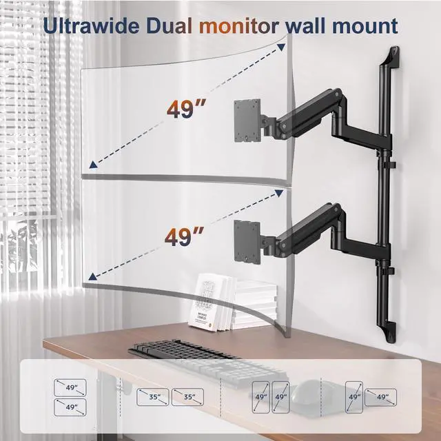 Alt view image 2 of 5 - PUTORSEN Dual Arm Heavy-Duty Wall Monitor Mount for 17-49" Screens,Holds 2 Ultrawides Up to 44 lbs per Arm,VESA 75/100 Compatible,Tilt/Swivel/Rotation,Space-Saving Desk Solution for office &home,Black