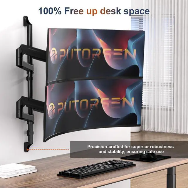 Alt view image 4 of 5 - PUTORSEN Dual Arm Heavy-Duty Wall Monitor Mount for 17-49" Screens,Holds 2 Ultrawides Up to 44 lbs per Arm,VESA 75/100 Compatible,Tilt/Swivel/Rotation,Space-Saving Desk Solution for office &home,Black