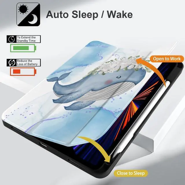 Alt view image 5 of 5 - Yebiseven Case for iPad 9th/8th/7th Generation 10.2 inch, Shockproof Tablet Case for iPad 10.2 inch 2022 2020 2019, Soft TPU Back Cover with Auto Wake/Sleep & Pencil Holder, Flower Whale