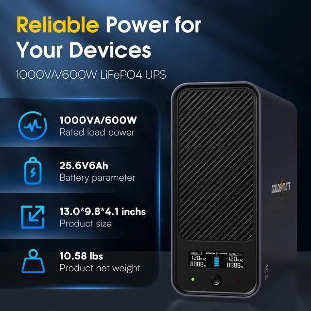 Alt view image 4 of 5 - GOLDENMATE 1000VA/600W Lithium UPS Battery Backup and Surge Protector, Sinewave UPS System with LiFePO4 Battery(153.6 Wh), Updated Pro Ver. with USB Communication Port, 8 Outlets, LCD Display, Gray
