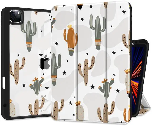 Main image of Yebiseven Case for iPad Air 5th/Air 4th Generation 2022 2020, Clear Acrylic Back Shell for iPad Air 10.9 inch, Shockproof Tablet Case with Auto Sleep/Wake + Pencil Holder, Cute Cactus