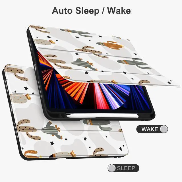 Alt view image 3 of 5 - Yebiseven Case for iPad Air 5th/Air 4th Generation 2022 2020, Clear Acrylic Back Shell for iPad Air 10.9 inch, Shockproof Tablet Case with Auto Sleep/Wake + Pencil Holder, Cute Cactus