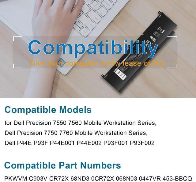 Alt view image 3 of 5 - Futurebatt PKWVM Laptop Battery Replacement for Dell Precision 7550 7560 7750 7760 Mobile Workstation P44E P93F P44E001 P44E002 P93F001 P93F002 C903V CR72X 0CR72X 0447VR 068N03 17C06 453-BBCQ