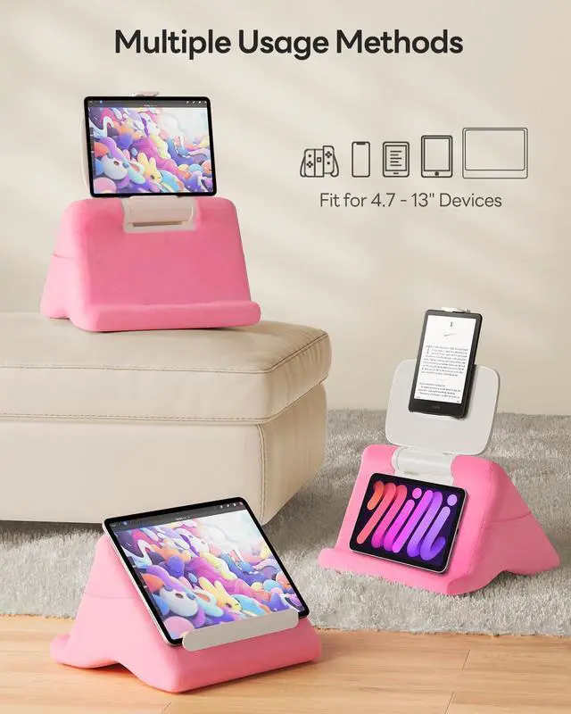Alt view image 2 of 5 - SAIJI Tablet Kindle Stand Pillow - iPad Holder for Lap Reading in Bed, with Lifter & Angle Adjustable Multi-Function Clip for 4-13" Tablets, iPad, Kindle, Phone, Pink