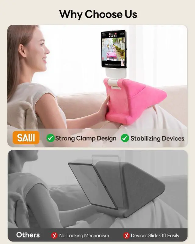 Alt view image 3 of 5 - SAIJI Tablet Kindle Stand Pillow - iPad Holder for Lap Reading in Bed, with Lifter & Angle Adjustable Multi-Function Clip for 4-13" Tablets, iPad, Kindle, Phone, Pink