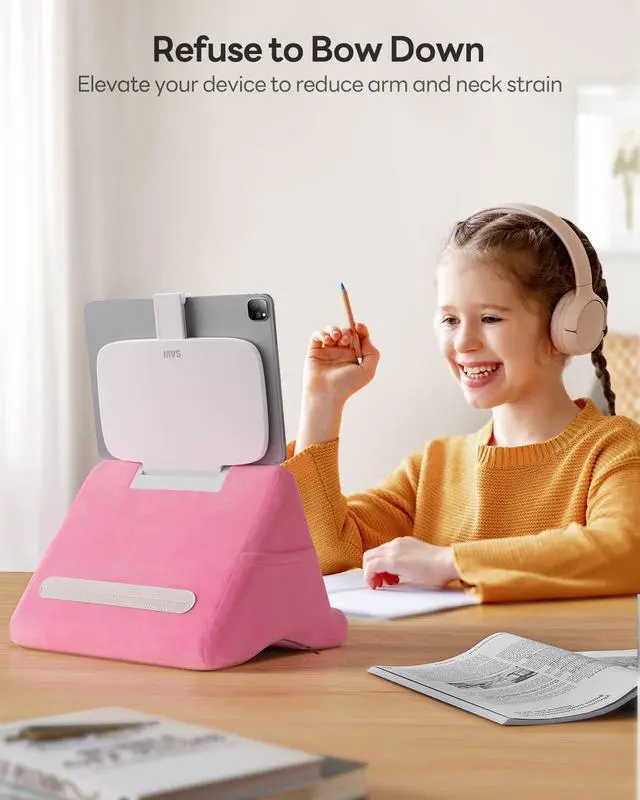 Alt view image 5 of 5 - SAIJI Tablet Kindle Stand Pillow - iPad Holder for Lap Reading in Bed, with Lifter & Angle Adjustable Multi-Function Clip for 4-13" Tablets, iPad, Kindle, Phone, Pink