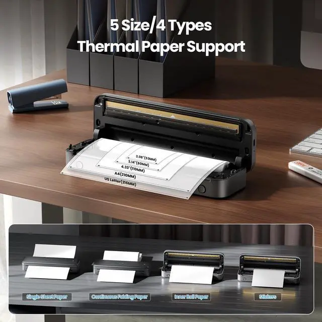 Alt view image 5 of 5 - Phomemo M834 Portable Printer Wireless for Travel, Bluetooth Thermal Printer 8.5" x 11"&A4, Compatible with iOS,Android & PC,Inkless Mobile Printers for Travel,Office,School,Home,Gray