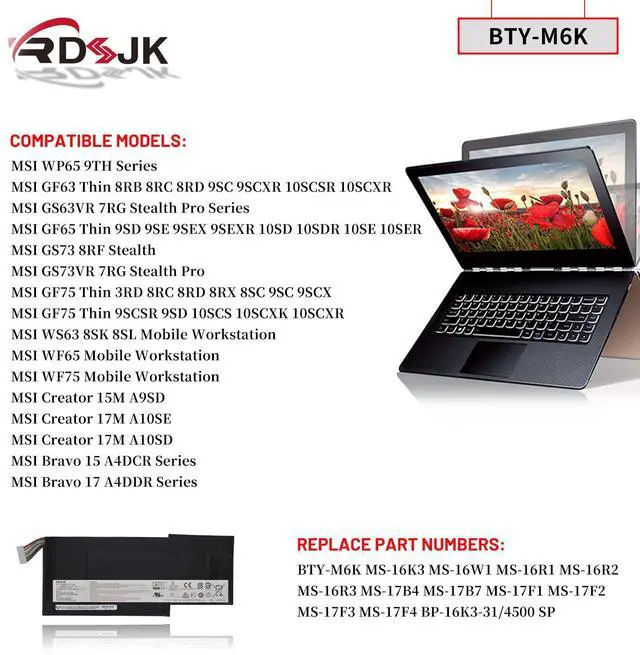 Alt view image 3 of 5 - BTY-M6K Laptop Battery for MSI Stealth Pro GS63VR GS73VR 7RG 7RG-005 GF63 8RD 8RD-031TH 8RC 8RC-034CZ GF65 GF75 Thin 3RD 8RB 8RC 8RD 8RD-042RU 8RF 9SC 9SC-088CN MS-16R1 MS-16W1 MS-16K3 MS-17B4 MS-17B7