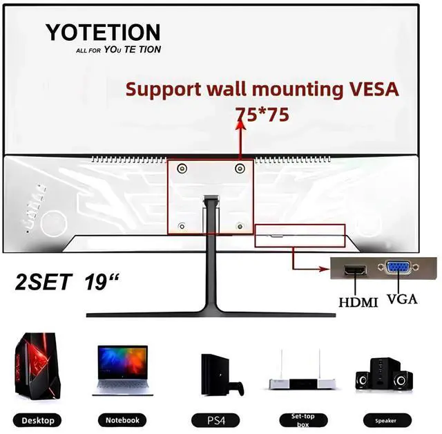 Alt view image 4 of 5 - YOTETION 19 inch HD (1440x 900) Monitor,2Packs 60Hz Refresh Rate, HDMI x1, Small Thin Monitor for laptops, Computers and desktops,LED Display, VGA/HDMI Connection.