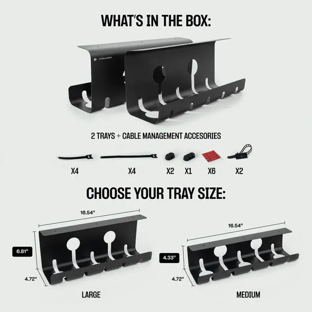 Alt view image 2 of 5 - No-Drill Under Desk Cable Management Tray - 2-Pack Wire Organizer for Standing Desk - Cord Management System with Power Strip Holder - L