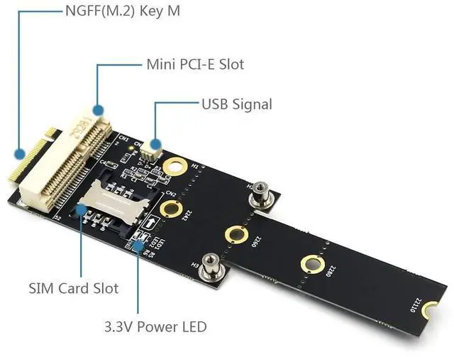 Alt view image 2 of 5 - HLT Mini PCI-E to M.2(NGFF) Key M Adapter with SIM Card Slot
