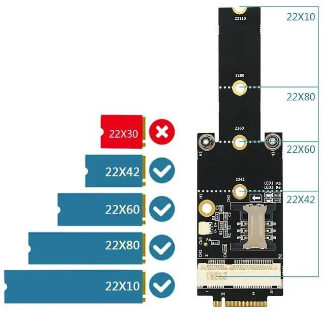 Alt view image 5 of 5 - HLT Mini PCI-E to M.2(NGFF) Key M Adapter with SIM Card Slot