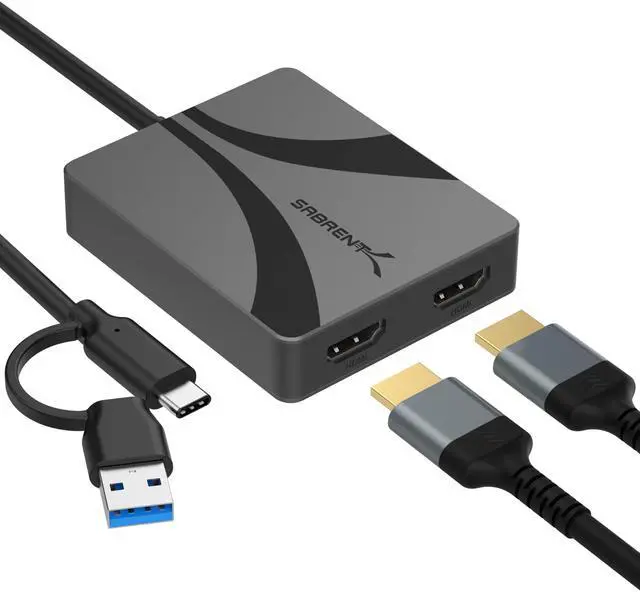 Main image of SABRENT USB Type-C/A to Dual HDMI Adapter, 4K@60Hz, Extended & Mirror Modes, Alt Mode + DisplayLink Compatible, Stereo/5.1 Audio, HDCP Support, Aluminum Housing, Plug & Play, (DA-CA2H)