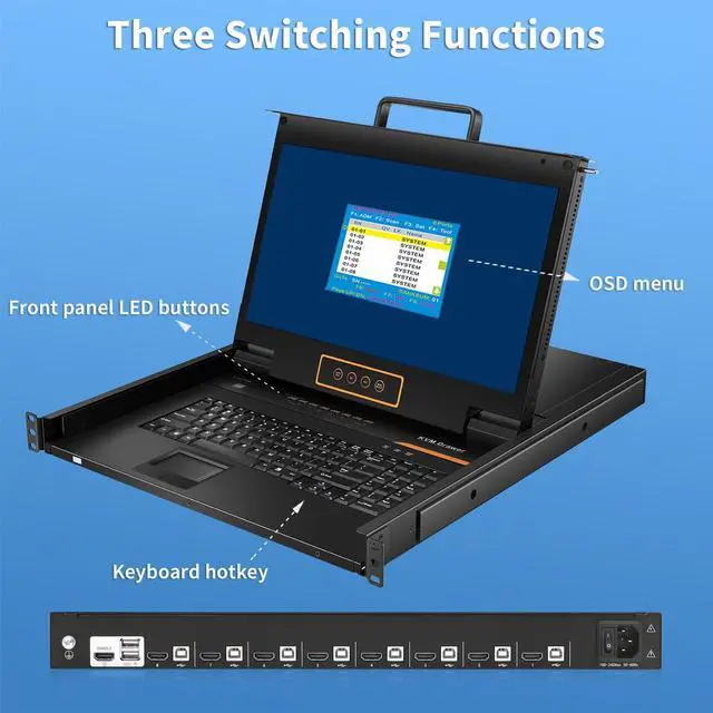 Alt view image 4 of 5 - 8 Port HDMI Rack Mount KVM Console 17.3-Inch 1080P with KVM Cables, Standard 1U Height KVM Switch Drawer+ Rackmount Monitor+ Keyboard+Touchpad, OSD/Hotkey/Button Switching, 20.69" Deep, Fits 19'' Rack