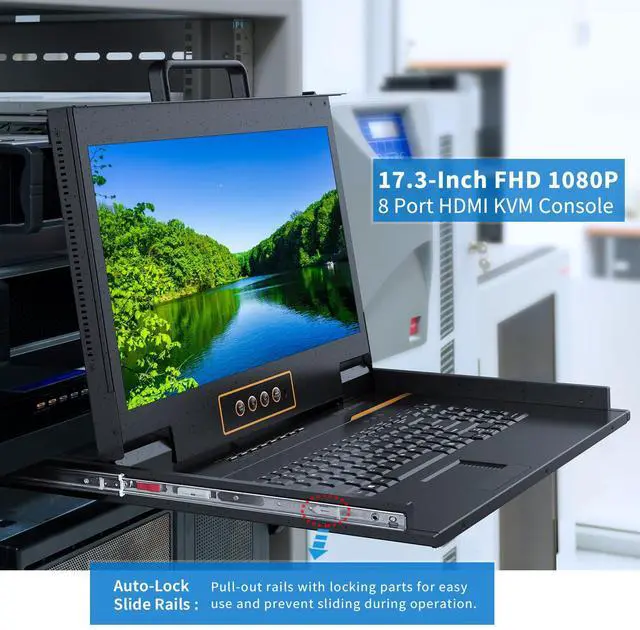 Alt view image 2 of 5 - 8 Port HDMI Rack Mount KVM Console 17.3-Inch 1080P with KVM Cables, Standard 1U Height KVM Switch Drawer+ Rackmount Monitor+ Keyboard+Touchpad, OSD/Hotkey/Button Switching, 20.69" Deep, Fits 19'' Rack