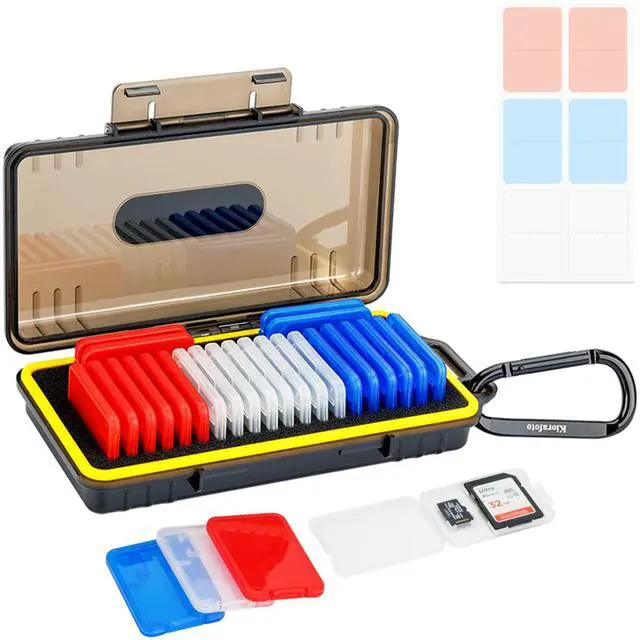 Main image of Kiorafoto Memory Card Case with 24 Pack Clear Plastic Memory Card Holders for 24 SD SDXC SDHC & 24 TF Cards,Water-Resistant Anti-Shock SD MicroSD Card Carrying Organizer Storage Protector with Labels