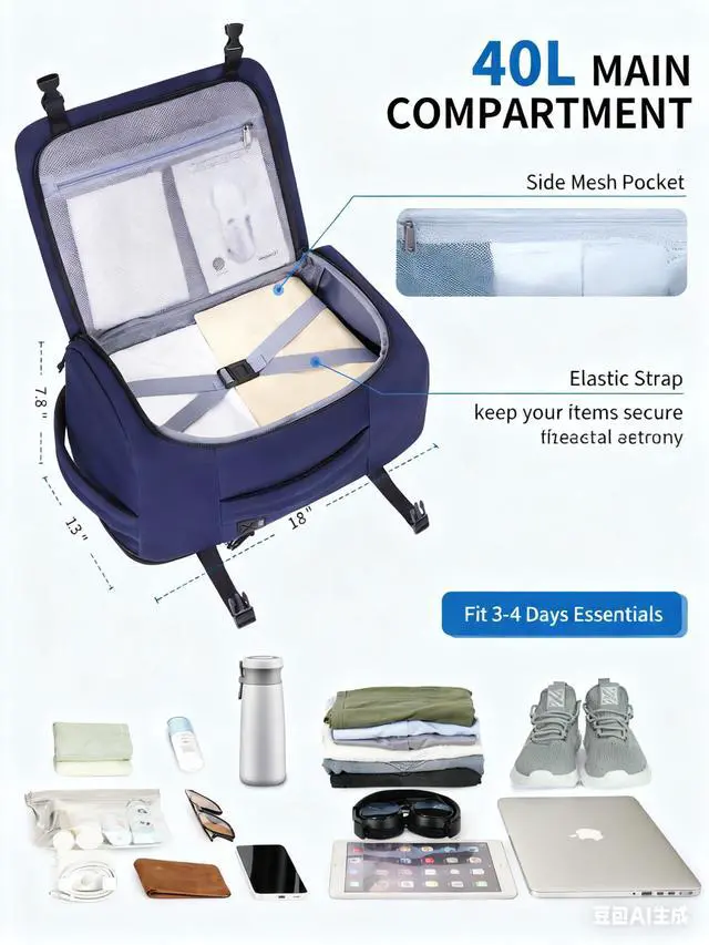 Alt view image 3 of 5 - ECOHUB 40L Carry-On Travel Backpack, TSA-Friendly, Anti-Theft Water-Resistant Lightweight with 17.3 Laptop Compartment, Durable PFAS-Free Rucksack, Blue