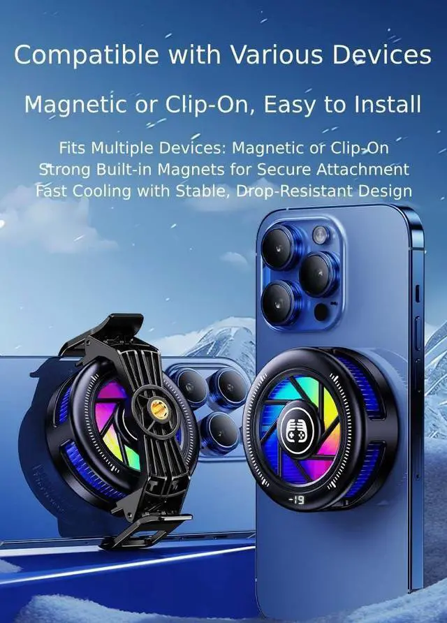 Alt view image 2 of 5 - Phone Cooler for Gaming, Low Noise USB Cell Phone Cooler with Smart Temp Control, Phone Cooling Fan with RGB LED Lights, Magnetic Ring & Clip Fan for Phone Gaming & Streaming