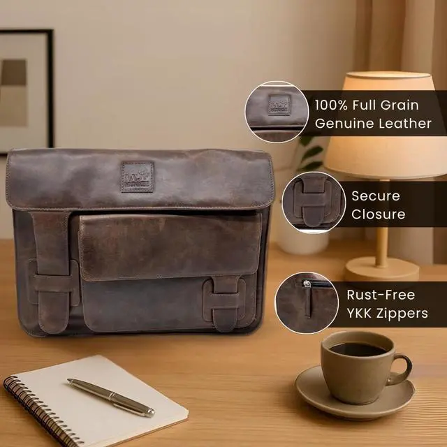 Alt view image 4 of 5 - MAD MUNKEE Genuine Leather Laptop Bag for Men and Women - Professional & Durable 14.75 x 11.5 x4.5 Briefcase with Multiple Compartments & Pockets, Ideal for Work & Travel - Black