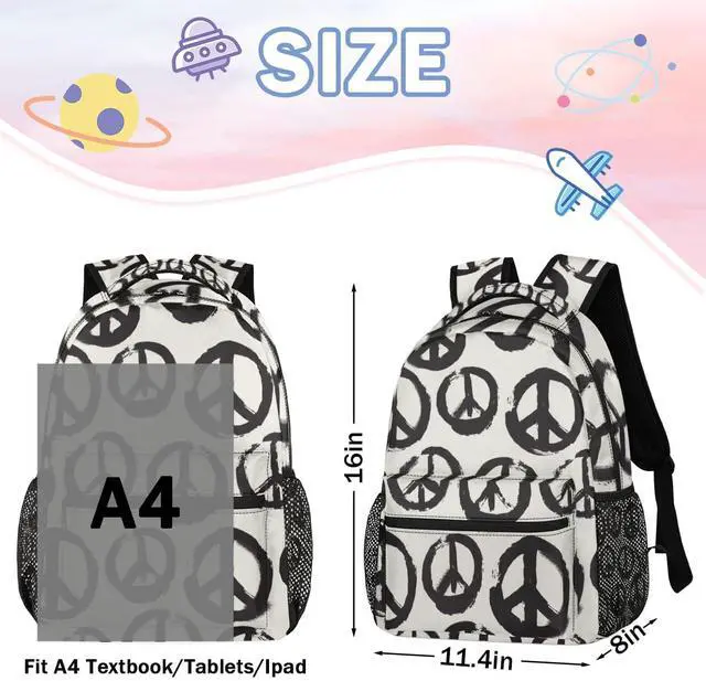 Alt view image 3 of 5 - GzLeyigou Daypack Backpacks 16 Inch Bookbags for Students, Peace Sign School Backpack Laptop Shoulder Bag Daypack for Travel Hiking Camping, Casual Daypack for Girls Boys Women Men