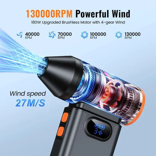 Alt view image 2 of 5 - Compressed Air Duster,Electric Air Duster,Mini Air Blower,Adjustable Jet Dry Cleaning Kit for PC,Keyboard,Car,Outdoor,Handheld Blower,130000rpm Super Power Cordless Turbo Fan,3-Gear,Leaf Blower