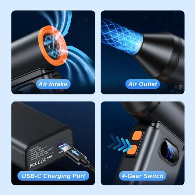 Alt view image 3 of 5 - Compressed Air Duster,Electric Air Duster,Mini Air Blower,Adjustable Jet Dry Cleaning Kit for PC,Keyboard,Car,Outdoor,Handheld Blower,130000rpm Super Power Cordless Turbo Fan,3-Gear,Leaf Blower