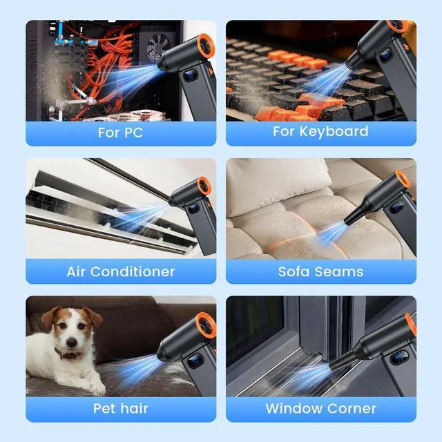 Alt view image 5 of 5 - Compressed Air Duster,Electric Air Duster,Mini Air Blower,Adjustable Jet Dry Cleaning Kit for PC,Keyboard,Car,Outdoor,Handheld Blower,130000rpm Super Power Cordless Turbo Fan,3-Gear,Leaf Blower