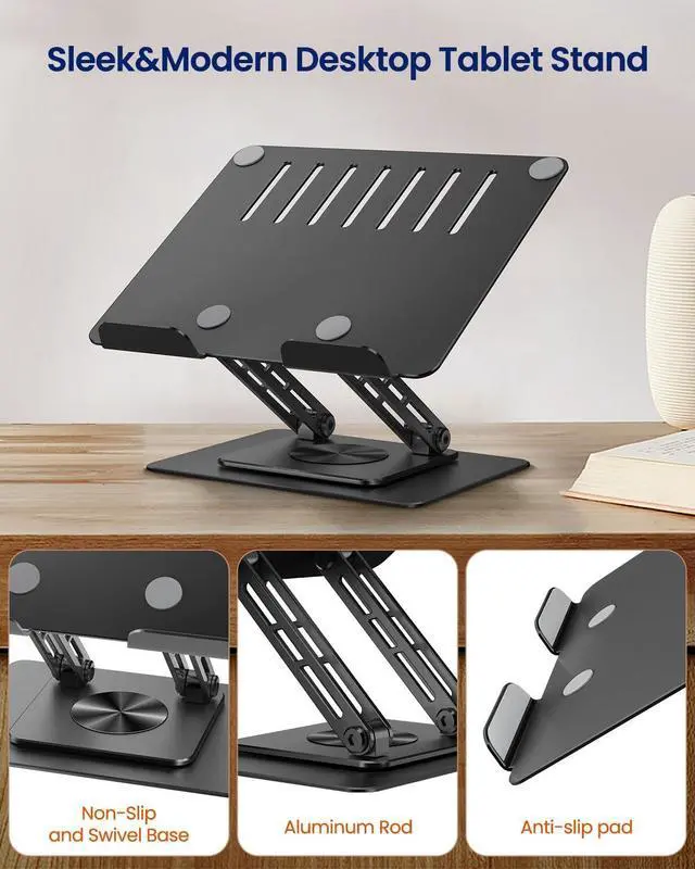 Alt view image 2 of 5 - Tablet Stand Holder for Desk with 360° Rotating Base, Dual Rod Adjustable & Foldable Aluminum Stand for Home Office Compatible with 11-16 Tablets, Black