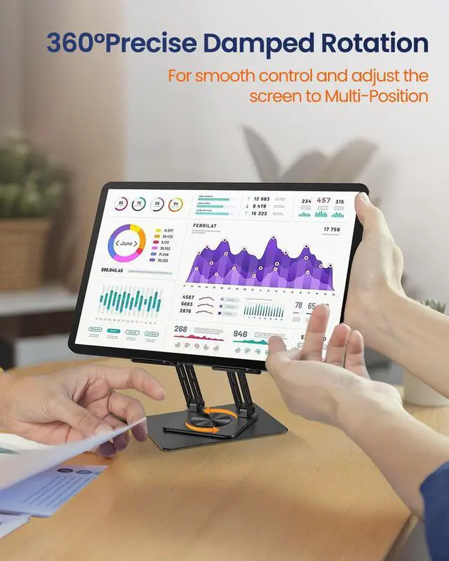 Alt view image 5 of 5 - Tablet Stand Holder for Desk with 360° Rotating Base, Dual Rod Adjustable & Foldable Aluminum Stand for Home Office Compatible with 11-16 Tablets, Black