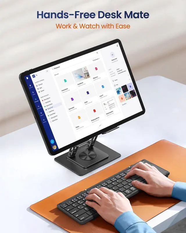 Alt view image 3 of 5 - Tablet Stand Holder for Desk with 360° Rotating Base, Dual Rod Adjustable & Foldable Aluminum Stand for Home Office Compatible with 11-16 Tablets, Black