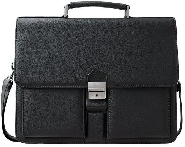 Main image of Mens Leather Briefcases Office Attorney Student Attache Case Messenger Bag w/Padded Compartment for 14" Laptop, Black