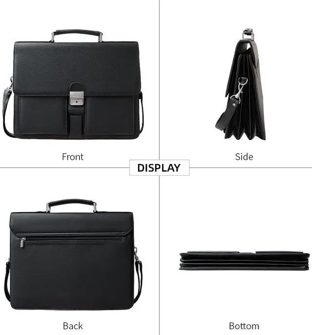 Alt view image 3 of 5 - Mens Leather Briefcases Office Attorney Student Attache Case Messenger Bag w/Padded Compartment for 14" Laptop, Black