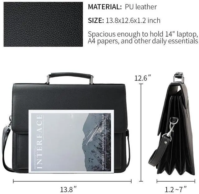 Alt view image 4 of 5 - Mens Leather Briefcases Office Attorney Student Attache Case Messenger Bag w/Padded Compartment for 14" Laptop, Black