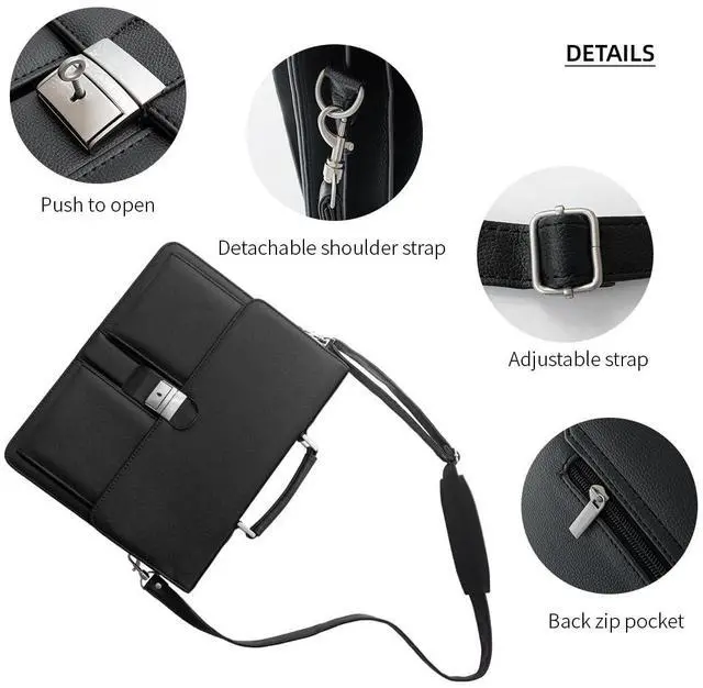 Alt view image 5 of 5 - Mens Leather Briefcases Office Attorney Student Attache Case Messenger Bag w/Padded Compartment for 14" Laptop, Black