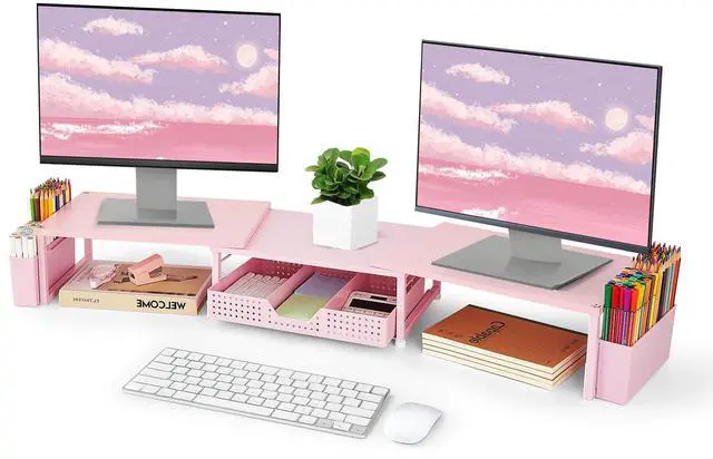Main image of OPNICE Desk Dual Monitor Stand Riser - Wood Desk Organizer with Drawer and Pen Holders, Office Desk Accessories & Workspace Organization, Computer Monitor Stand for Laptop Printer, Girl Pink