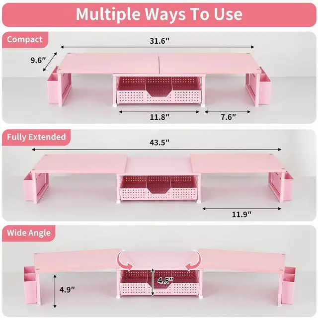 Alt view image 3 of 5 - OPNICE Desk Dual Monitor Stand Riser - Wood Desk Organizer with Drawer and Pen Holders, Office Desk Accessories & Workspace Organization, Computer Monitor Stand for Laptop Printer, Girl Pink