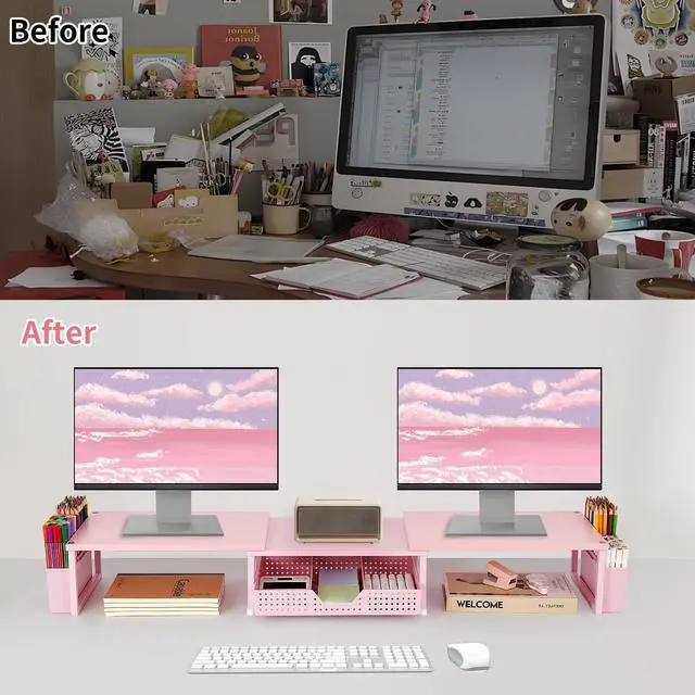 Alt view image 2 of 5 - OPNICE Desk Dual Monitor Stand Riser - Wood Desk Organizer with Drawer and Pen Holders, Office Desk Accessories & Workspace Organization, Computer Monitor Stand for Laptop Printer, Girl Pink