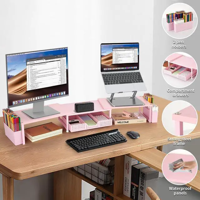 Alt view image 4 of 5 - OPNICE Desk Dual Monitor Stand Riser - Wood Desk Organizer with Drawer and Pen Holders, Office Desk Accessories & Workspace Organization, Computer Monitor Stand for Laptop Printer, Girl Pink
