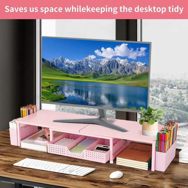 Alt view image 5 of 5 - OPNICE Desk Dual Monitor Stand Riser - Wood Desk Organizer with Drawer and Pen Holders, Office Desk Accessories & Workspace Organization, Computer Monitor Stand for Laptop Printer, Girl Pink