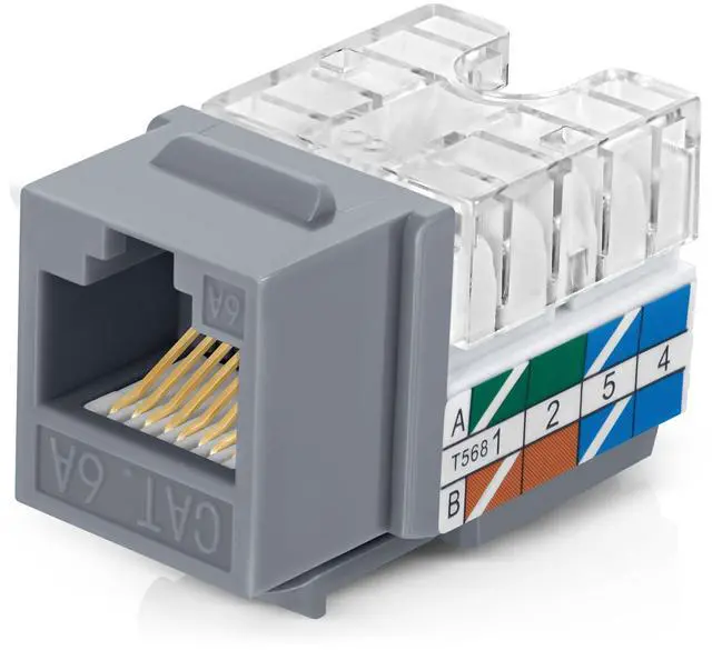 Main image of Everest 90° Angled RJ45 Cat6A Keystone Jacks 20-Pack in Gray - Slim Profile Female RJ45 Connectors - Cat 6A Keystone Jack - Compatible with 90° Angled Speed Termination Tool - easyJACK (B094WB91H3)