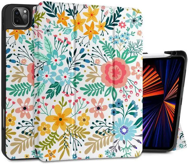 Main image of DONGKE Case for iPad Pro 11 inch (4th, 3rd, 2nd & 1st Gen) 2022 2021 2020 2018, Trifold Stand + Pencil Holder + Auto Wake/Sleep + Soft TPU Protective Stand Back Cover, Flower