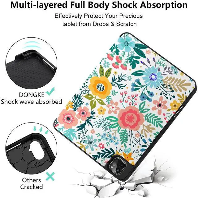Alt view image 5 of 5 - DONGKE Case for iPad Pro 11 inch (4th, 3rd, 2nd & 1st Gen) 2022 2021 2020 2018, Trifold Stand + Pencil Holder + Auto Wake/Sleep + Soft TPU Protective Stand Back Cover, Flower