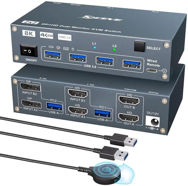 Main image of HDMI Displayport Hybird KVM Switch 2 Monitors 2 Computers 8K@60Hz 4K@144Hz, Aluminum Dual Monitor KVM Switches for 2 PC Share 2 Monitor and 4 USB Devices, Support Extended/Copy Mode,Cables Included