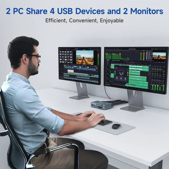 Alt view image 2 of 5 - HDMI Displayport Hybird KVM Switch 2 Monitors 2 Computers 8K@60Hz 4K@144Hz, Aluminum Dual Monitor KVM Switches for 2 PC Share 2 Monitor and 4 USB Devices, Support Extended/Copy Mode,Cables Included
