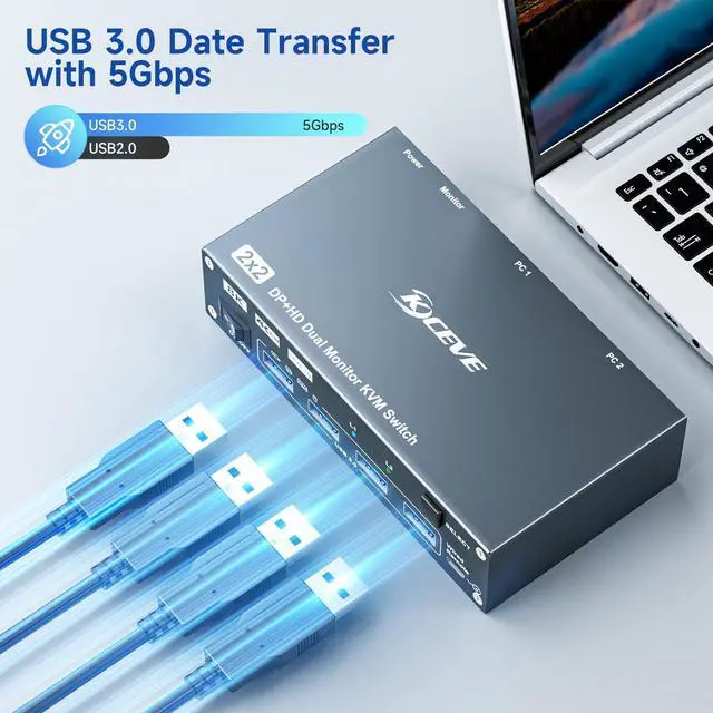 Alt view image 5 of 5 - HDMI Displayport Hybird KVM Switch 2 Monitors 2 Computers 8K@60Hz 4K@144Hz, Aluminum Dual Monitor KVM Switches for 2 PC Share 2 Monitor and 4 USB Devices, Support Extended/Copy Mode,Cables Included