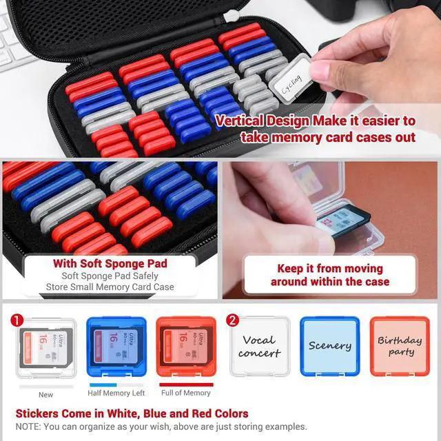 Alt view image 3 of 5 - EVA PU Memory Card Case with 48PCS Clear Plastic Memory Card Holder for 24 SD SDHC SDXC & 24 TF MSD Cards,Dual-Protect Water-Resistant Anti-Shock MicroSD SD Card Carrying Organizer with Label