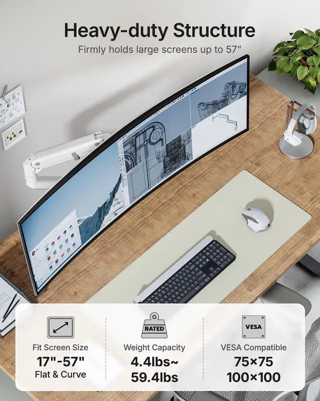 Alt view image 2 of 5 - monTEK Single Monitor Arm with USB A/C, Ultrawide Monitor Stand for 17 to 57 Inch Curved Screen, Holds 59.4 lbs, Adjustable Gas Spring Arm, 75/100 VESA Mount, Clamp & Grommet Desk Mount, White