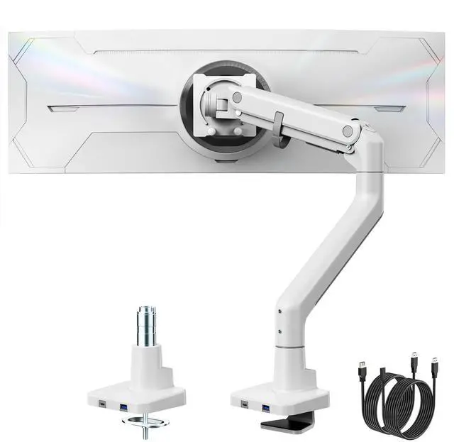 Main image of monTEK Single Monitor Arm with USB A/C, Ultrawide Monitor Stand for 17 to 57 Inch Curved Screen, Holds 59.4 lbs, Adjustable Gas Spring Arm, 75/100 VESA Mount, Clamp & Grommet Desk Mount, White