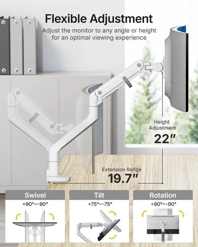 Alt view image 4 of 5 - monTEK Single Monitor Arm with USB A/C, Ultrawide Monitor Stand for 17 to 57 Inch Curved Screen, Holds 59.4 lbs, Adjustable Gas Spring Arm, 75/100 VESA Mount, Clamp & Grommet Desk Mount, White